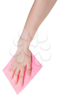 hand with pink cleaning cloth isolated on white background