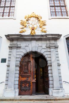 travel to Bratislava city - doors of Jesuit Church (Holy Saviour Church) on the Franciscan Square in Old Town Bratislava