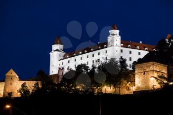 travel to Bratislava city - illuminated Bratislava Castle in night