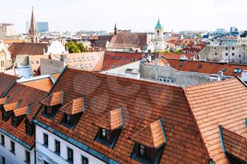travel to Bratislava city - above view of orange tile roofs of houses in old town of Bratislava