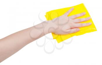 hand with yellow wiping rag isolated on white background