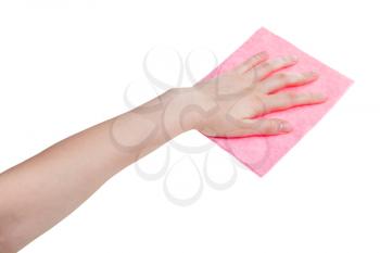 hand with pink washing rag isolated on white background