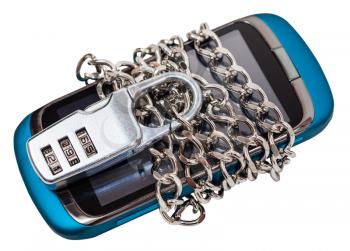Smartphone wrapped by chain and closed by combination lock