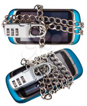 set of Smartphones wrapped by chain and closed by combination lock