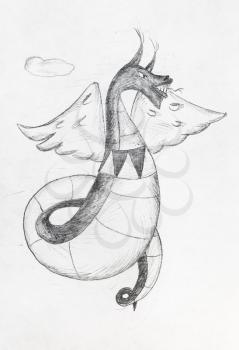 child's drawing - sketch of winged dragon in sky by black pencil