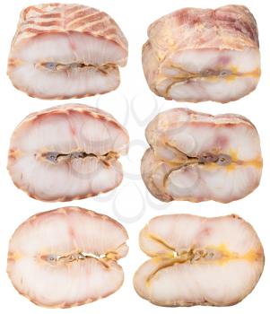 set from hot smoked Starry sturgeon and sturgeon fishes slices isolated on white background