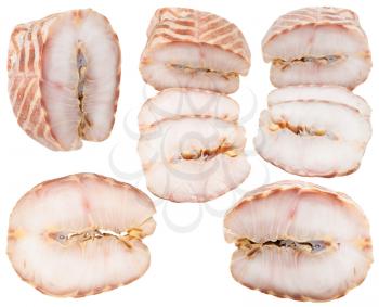 set from hot smoked Starry sturgeon fish slices isolated on white background