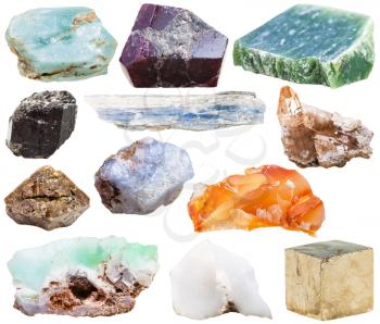 set of natural mineral crystal gemstones - nephrite, kyanite, garnet, pyrite, schorl, topaz, zircon in rock, chalcedony, apatite, chrysoprase, carnelian, cacholong (white opal) stones isolated