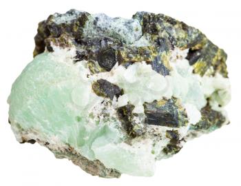 macro shooting of natural rock specimen - piece of Prehnite mineral stone with Epidote crystals isolated on white background