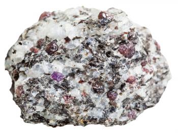 macro shooting of natural rock specimen - piece of rock with Corundum crystals isolated on white background