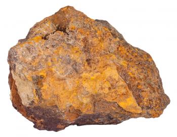 macro shooting of natural rock specimen - piece of limonite (iron ore, bog iron ore, brown hematite, brown iron ore, lemon rock, yellow iron ore) mineral stone isolated on white background