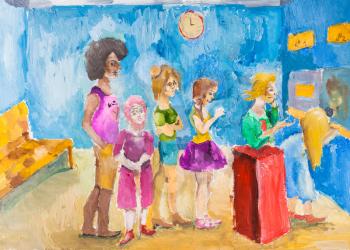 child's painting - people line to ticket window in office, hand drawing by gouache