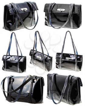 set from black patent leather ladies bag isolated on white