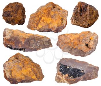 set of limonite (brown hematite, iron ore) stones isolated on white background