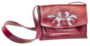 front view of dark cherry color handbag decorated by applique isolated on white background