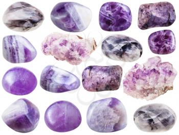 set of various amethyst natural mineral stones and gemstones isolated on white background