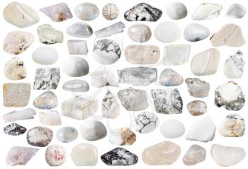 set of white and transparent natural mineral stones and gemstones isolated on white background