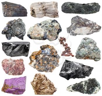 set of various natural mineral stones and rocks: purpurite, molybdenite, glaucophane, native, copper, magnetite, amphibole, galena, galenite, dolomite,e, bismuth, etc isolated on white background