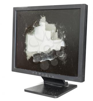 broken monitor with damaged glass screen isolated on white background