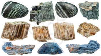 set of various natural mineral stones - Asbestos (chrysotile, amosite, rhodusite, green, white, brown, blue asbestos) isolated on white background