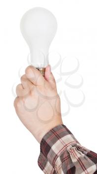 hand holds incandescent lamp isolated on white background