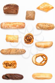 vertical set from various fresh pastries on white background