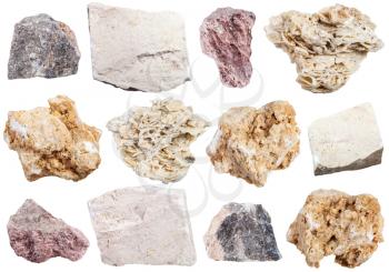 collection from specimens of limestone rock isolated on white background