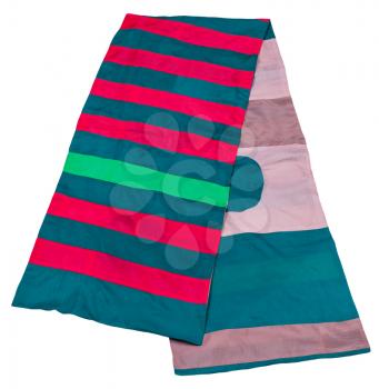 scarf stitched from green, pink, blue, red strips of silk fabrics isolated on white background