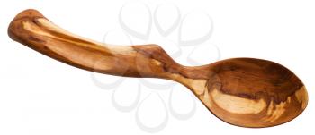 top view of traditional wooden spoon carved from Apple wood isolated on white background