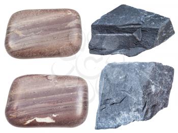 set of various argillite minerals isolated on white background