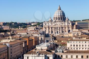 travel to Italy - view of Saint Peter Basilica in Vatican city and street via Conciliazione in Rome from Castel of Holy Angel