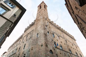 travel to Italy - tower of Bargello palace (Palazzo del Bargello, Palazzo del Popolo, Palace of the People) in Florence city in morning