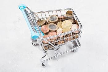 shopping cart with euro coins on concrete plate