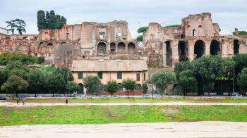 Travel to Italy - view of roman Domus Severiana and Circus Maximus on Palatine hill in Rome city in winter