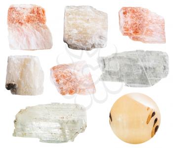 collection of various gypsum mineral stones isolated on white background