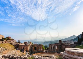 travel to Italy - blue twilight sky over ancient Teatro Greco (Greek Theatre) in Taormina city in Sicily