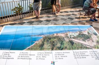 TAORMINA, ITALY - JULY 2, 2011: city map on viewpoint in Piazza IX Aprile in Taormina city in Sicily. Piazza IX Aprile is central square of Taormina town.