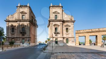 PALERMO, ITALY - JUNE 24, 2011: Porta Felice is monumental gateway in La Cala (old port) in Palermo city. Porta Felice was built in Renaissance and Baroque styles between the 16th and 17th centuries