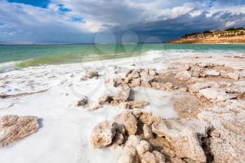 Travel to Middle East country Kingdom of Jordan - view of Dead Sea shore in sunny winter day