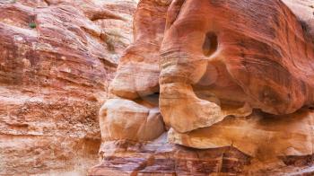Travel to Middle East country Kingdom of Jordan - elephant rock in Al Siq passage to ancient Petra town in winter