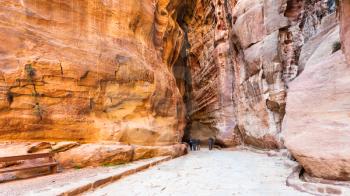 Travel to Middle East country Kingdom of Jordan - Al Siq road to ancient Petra town in winter