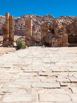 Travel to Middle East country Kingdom of Jordan - The Hadrian Gate and the Cardo Maximus in Petra town in winter