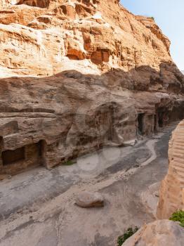 Travel to Middle East country Kingdom of Jordan - ancient cave rooms in Little Petra town (Siq al-Barid station) in winter