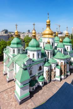 travel to Ukraine - above view of Saint Sophia (Holy Sophia, Hagia Sophia) Cathedral from bell tower in Kiev city in spring