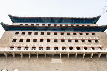 travel to China - wall of Arrow Tower (Jian Lou, Jianlou, Zhengyangmen Gate) in Beijing in spring. The tower is the ancient building situated on Tiananmen Square