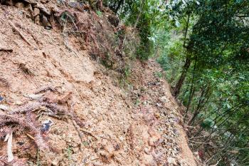 travel to China - path through landslide on mountain slope in Dazhai country of Longsheng Rice Terraces (Dragon's Backbone terrace, Longji Rice Terraces) in spring
