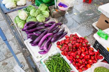 travel to China - fresh local vegetables on street outdoor market in Yangshuo town in spring in spring season