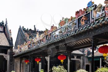 GUANGZHOU, CHINA - APRIL 1, 2017: roof ornament of Chen Clan Ancestral Hall academic temple (Guangdong Folk Art Museum) in Guangzhou. The house was prepared for the imperial examinations in 1894