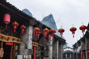 XINGPING, CHINA - MARCH 30, 2017: street decoration in Xing Ping town in Yangshuo county in spring. The town was settled in 265 AD, Xingping is surrounded by great examples of Karst peaks