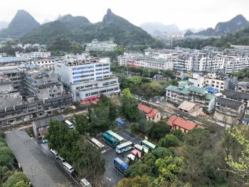 GUILIN, CHINA - MARCH 22, 2017: above view of Guilin town from viewpoint on The Solitary Beauty Hill. The city is in the northeast of China's Guangxi Zhuang Region, there are about 4,8 mln inhabitants